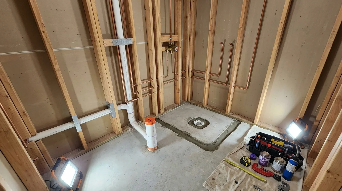 Bathroom rough-in plumbing during remodel by Johns Plumbing LLC in Severn