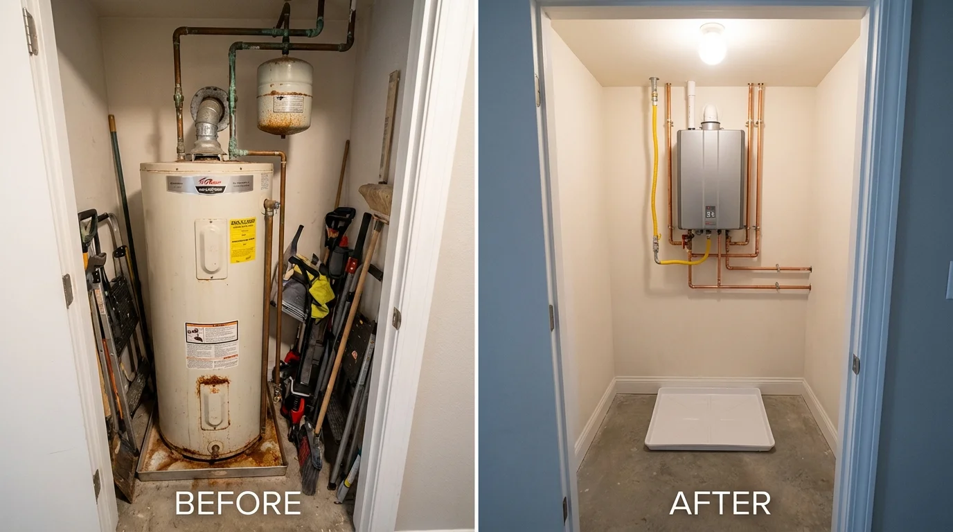 Tank water heater versus wall-mounted tankless unit comparison for Severn, MD homeowners
