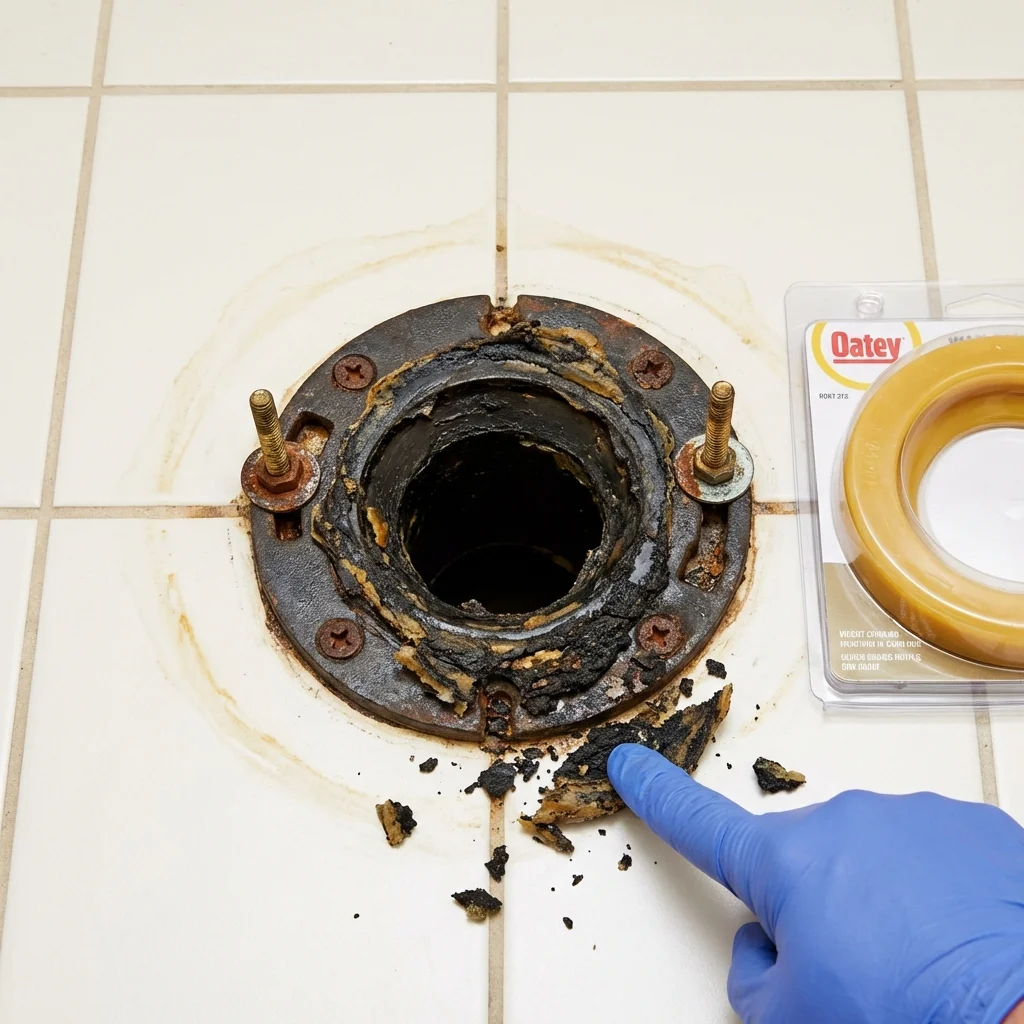 Failed wax ring showing water seepage at the base of a toilet in a Severn, MD home